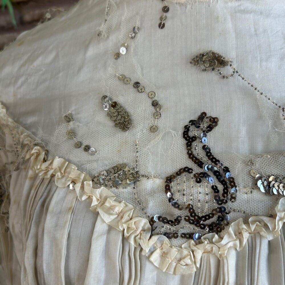 Antique Victorian Ivory Dress Mesh Lace Sequins Distressed Damaged As Is - Picture 13 of 16